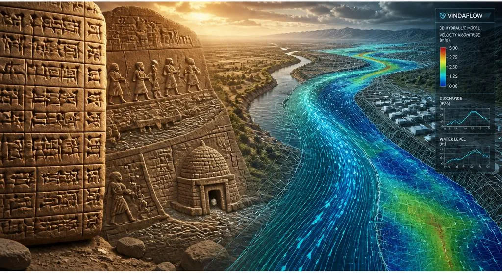 Ancient cuneiform tablets and stone reliefs on the left dissolving into a modern 3D hydraulic flow simulation of a river basin on the right.