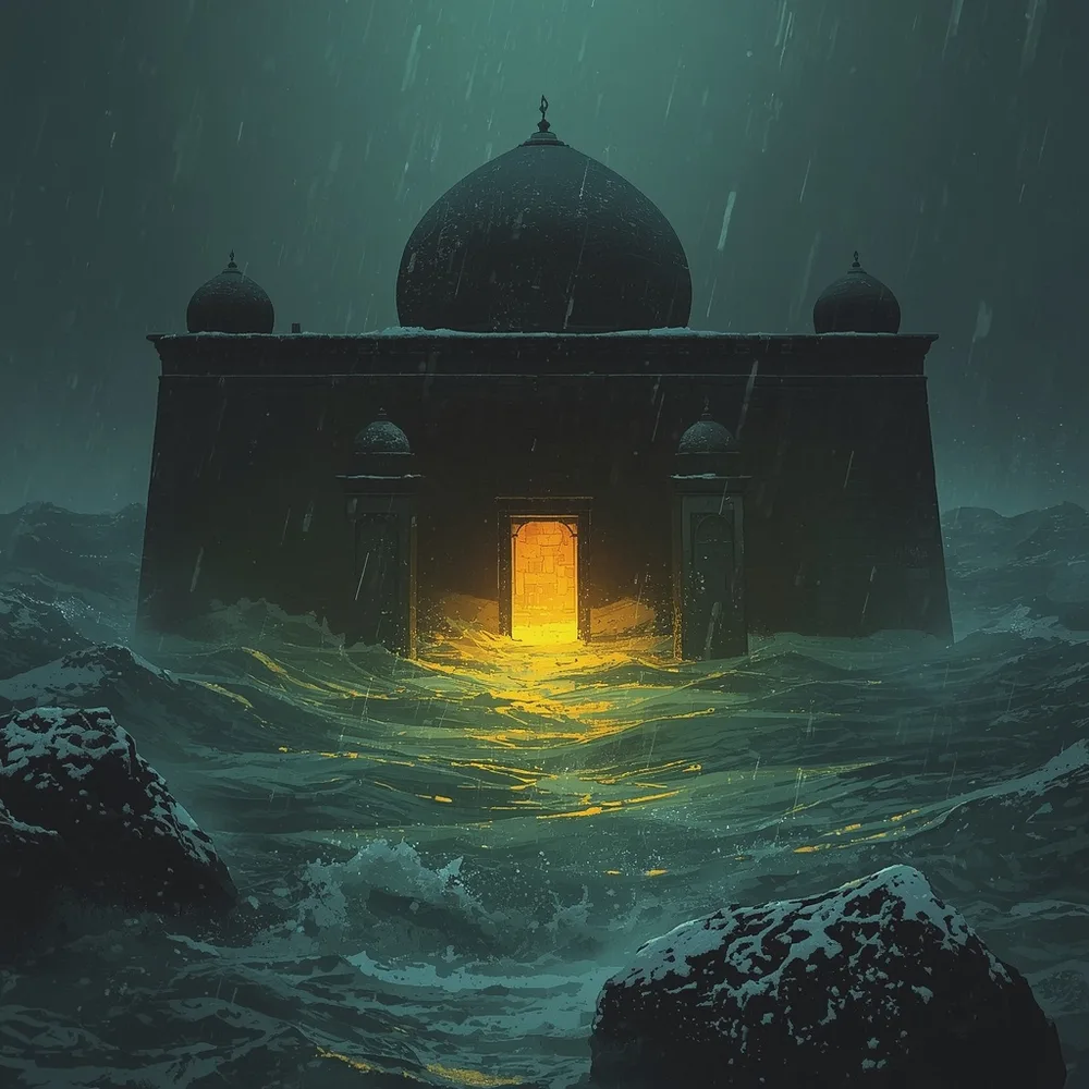 An ancient domed stone shelter standing in dark turbulent floodwater, warm light glowing from its doorway.